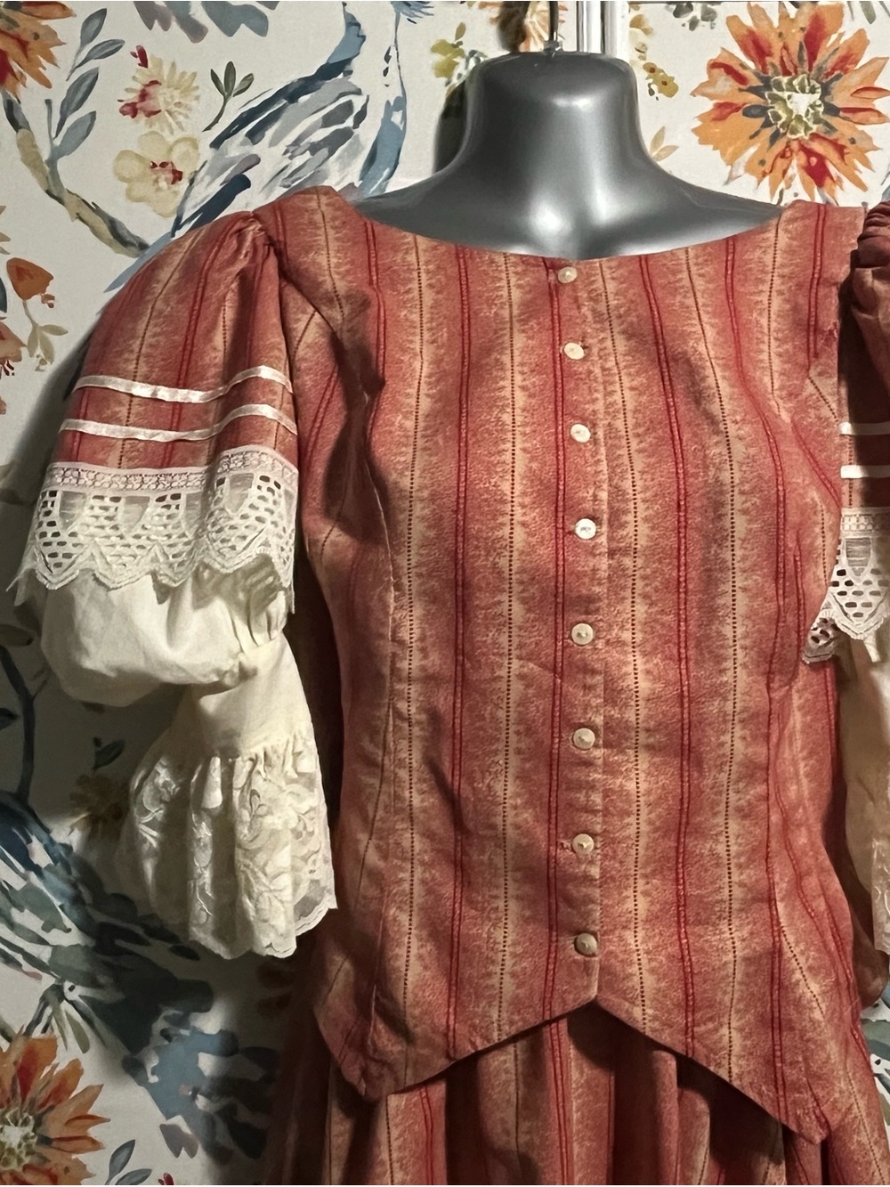 Recollections: Victorian-Inspired Striped Rust Dress with Lace Sleeves - Picture 2 of 8